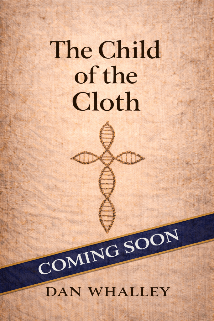 Book cover for The Child of the Cloth showing a sacred weave with DNA strands.